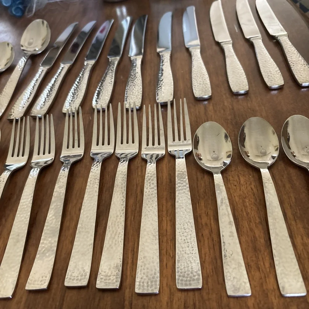 Godinger Castello Hammered Stainless Flatware Knives Forks Spoons - Lot Of 45